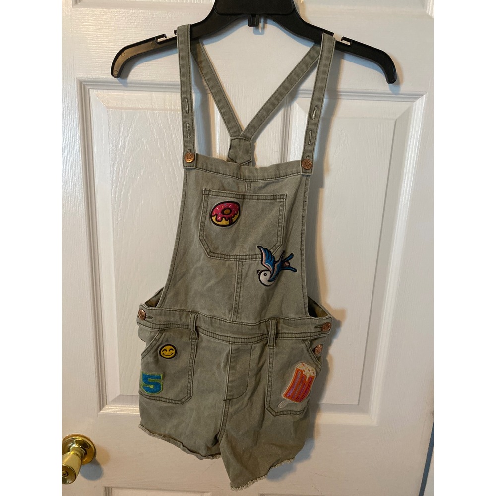 Cat & Jack Girls Olive Green Patch Denim Shortall Overalls Size XL (14/16)
